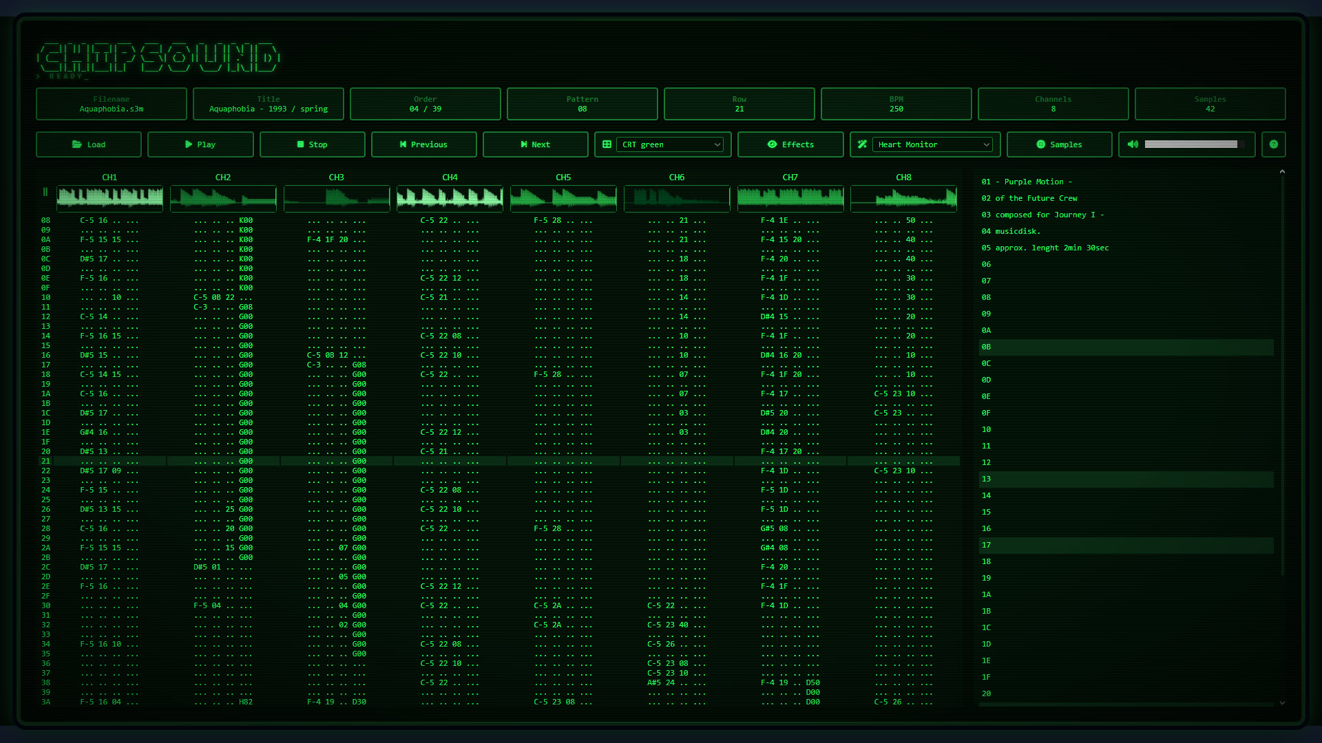 Chipsound rendered with the CRT Green theme — phosphor-green terminal aesthetic