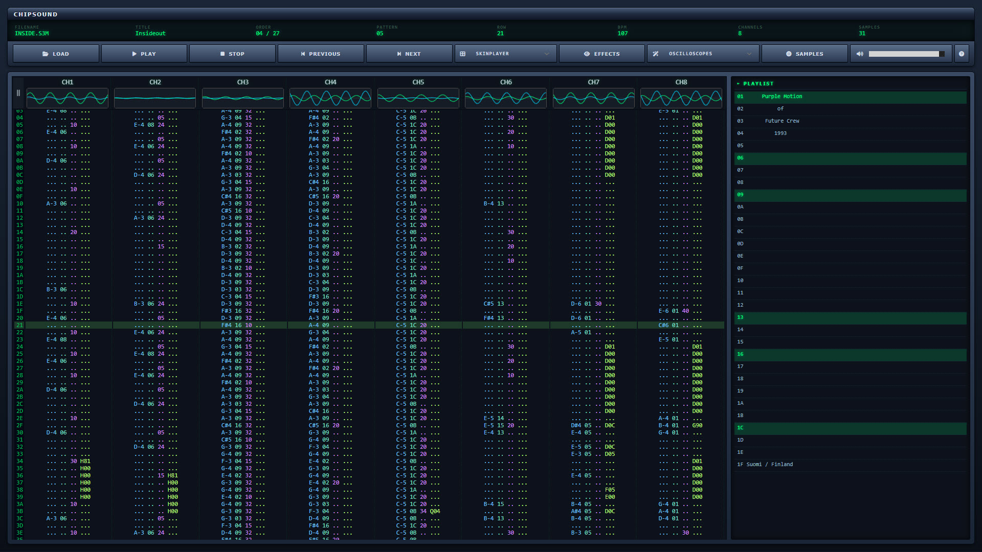 Chipsound rendered with the Skinplayer theme — late-90s skinned media-player aesthetic